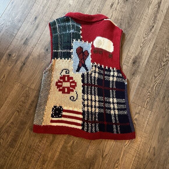 Vintage Eddie Bauer Women’s Sweater Vest Large 100% Wool Americana Patchwork Art - Picture 2 of 5
